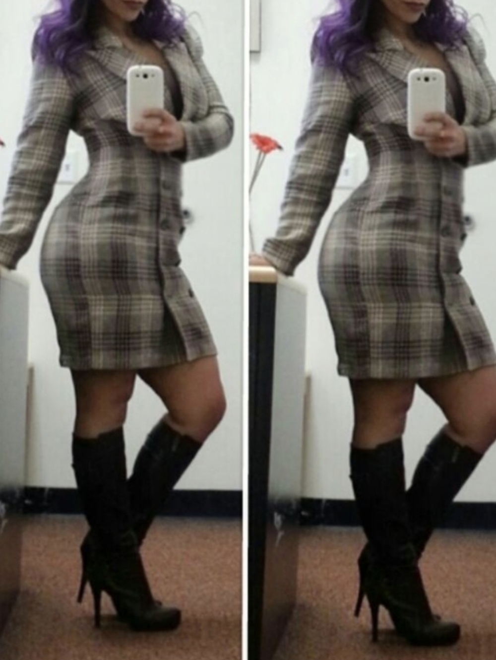 Vintage Plaid Long-Sleeve Blazer Dress in Taupe